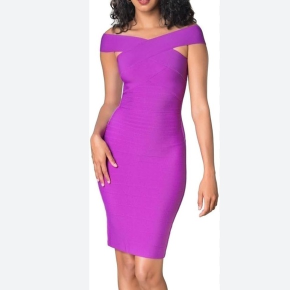 New DRESS THE POPULATION Ultraviolet Maia Bandage Off The Shoulder Bodycon Dress - Picture 1 of 13